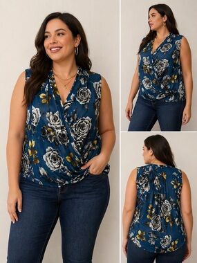 Rachael Roy women's sleeveless floral pullover blouse blue with a wrap-front XXL